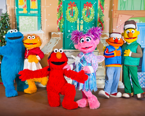 All the cast members at Sesame Place during the holidays.