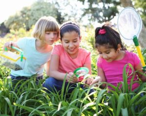 three girls hunting for bugs with a magnifying glass glass and net